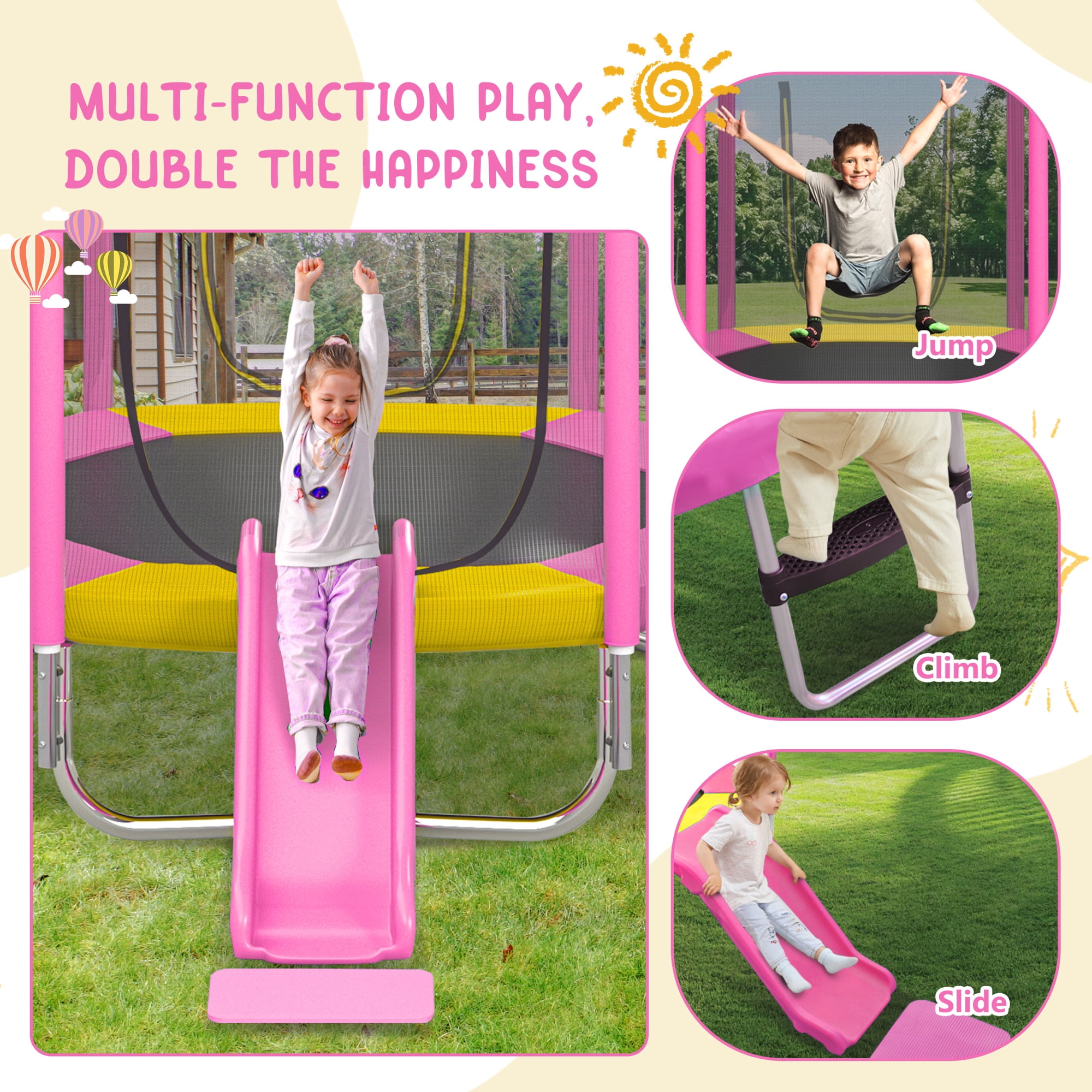 Arspjes 7FT Trampoline for Kids,Outdoor Recreational Trampolines with Safety Enclosure Net,Mini Trampoline with Slide and Ladder,Pink