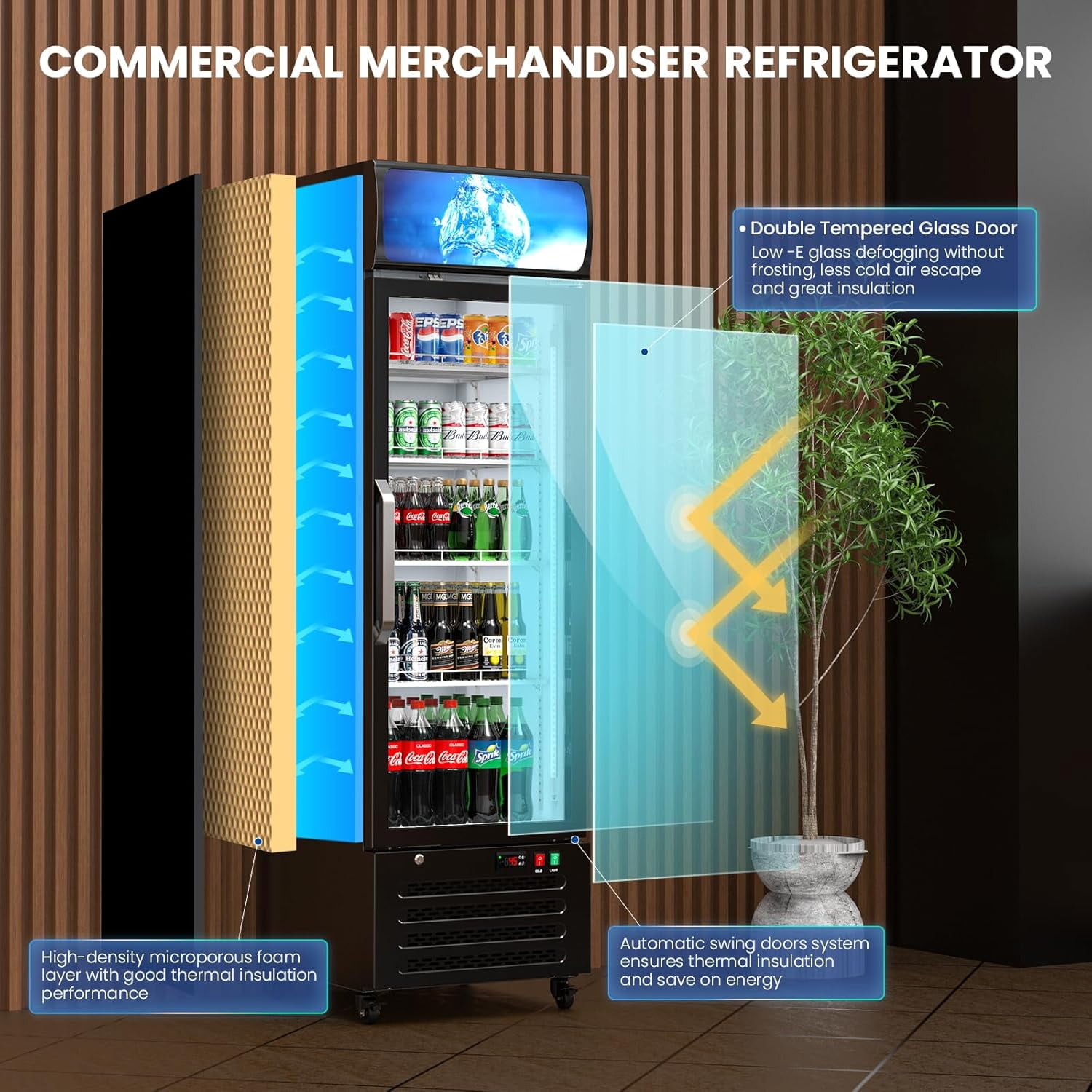 12 Cu Ft Commercial Beverage Fridge w/ Glass Door & LED Light - Freestanding Display Cooler for Shop, Restaurant, Business