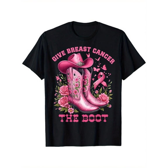 Breast Cancer Awareness T-Shirt For Women - Pink Cowboy Boot & Ribbon Design With "Give Breast Cancer The Boot" Slogan