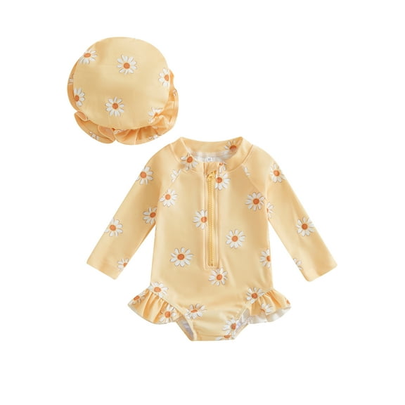 Elippeo Baby Girls Swimsuit, Long Sleeve Flower Print Zipped Bikini with Hat Newborn Swimwear for Summer Bathing 6 9 12 18 24 Months 3 Years