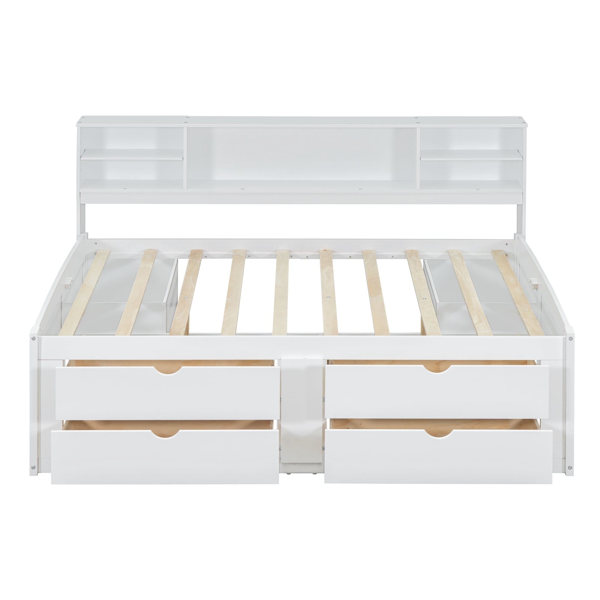 Mintazer Full Daybed Frame with Bookcase Headboard, Multifunctional Storage Bed with 4 Storage Drawers & Side Cabinet for Bedroom Guest Room, White