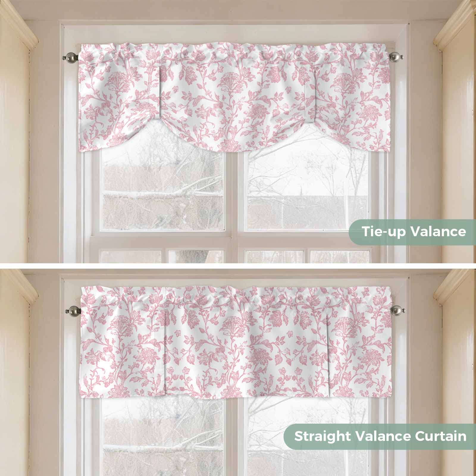 Light Pink Floral Paisley Tie Up Valances Curtain, Boho Leaf Vintage Farmhouse Linen Adjustable Rod Pocket Short Window Treatment Tie Up Curtains Valances for Kitchen Living Room 60x18 In
