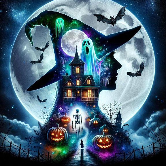 Halloween Diamond Painting for Adults, 5D Moon Witch Diamond Art Kits, Full Drill Round Diamond Gem Art Crystal Kits for Home Wall Decor 12x12inch