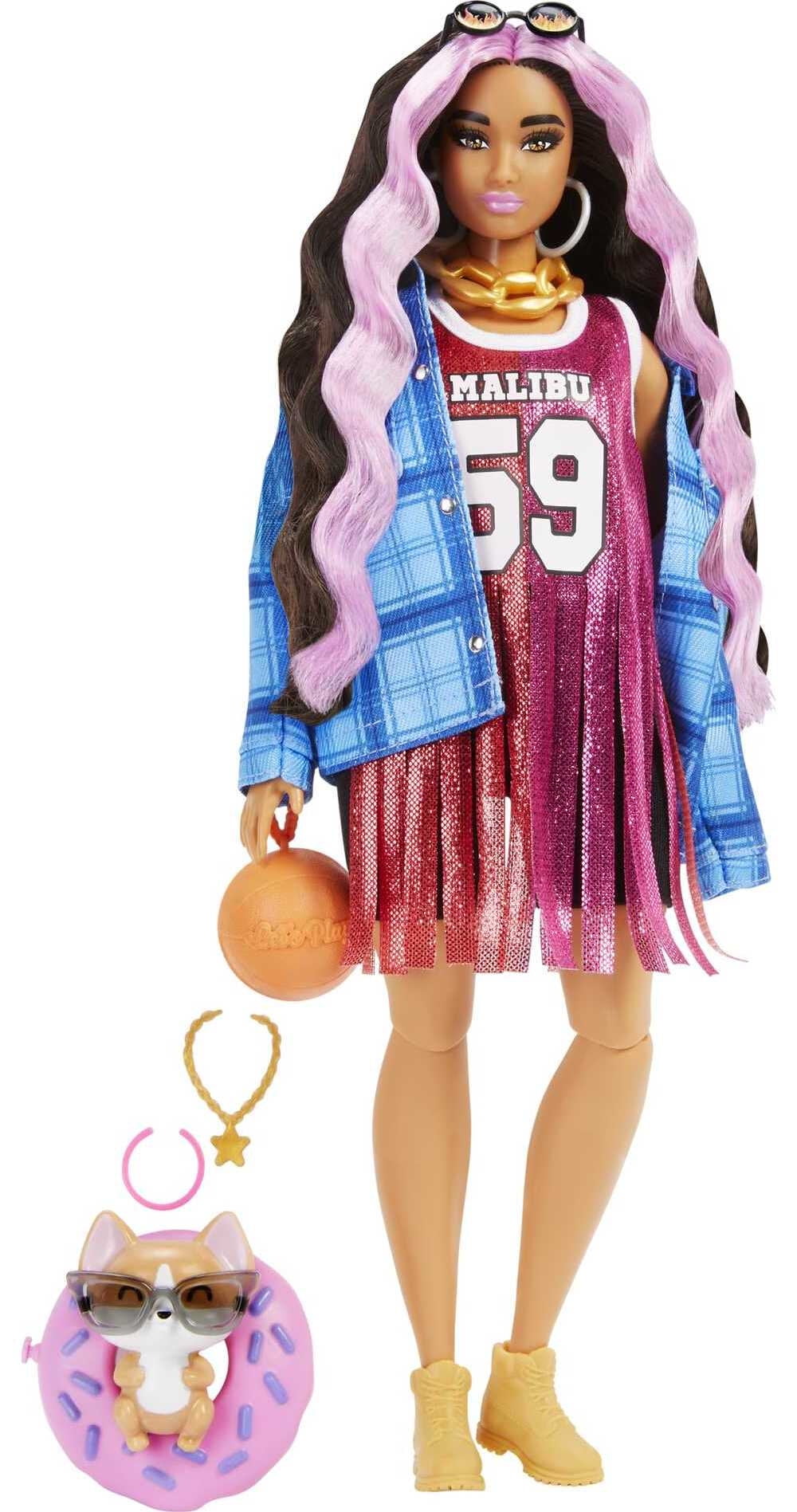 Extra Small Petite Cute Teens - Barbie Extra Fashion Doll with Pink-Streaked Crimped Hair in Jersey Dress  with Accessories & Pet - Walmart.com