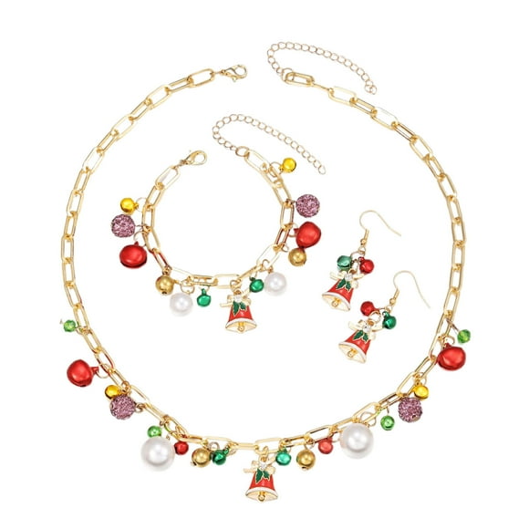 Pearl Necklace and Earring Set,Christmas Holiday Jewelry Set Christmas Bells Pearl Earrings Bracelet Necklace Combination Jewelry Earrings Bracelet Necklace Set,Long Pearl Necklace