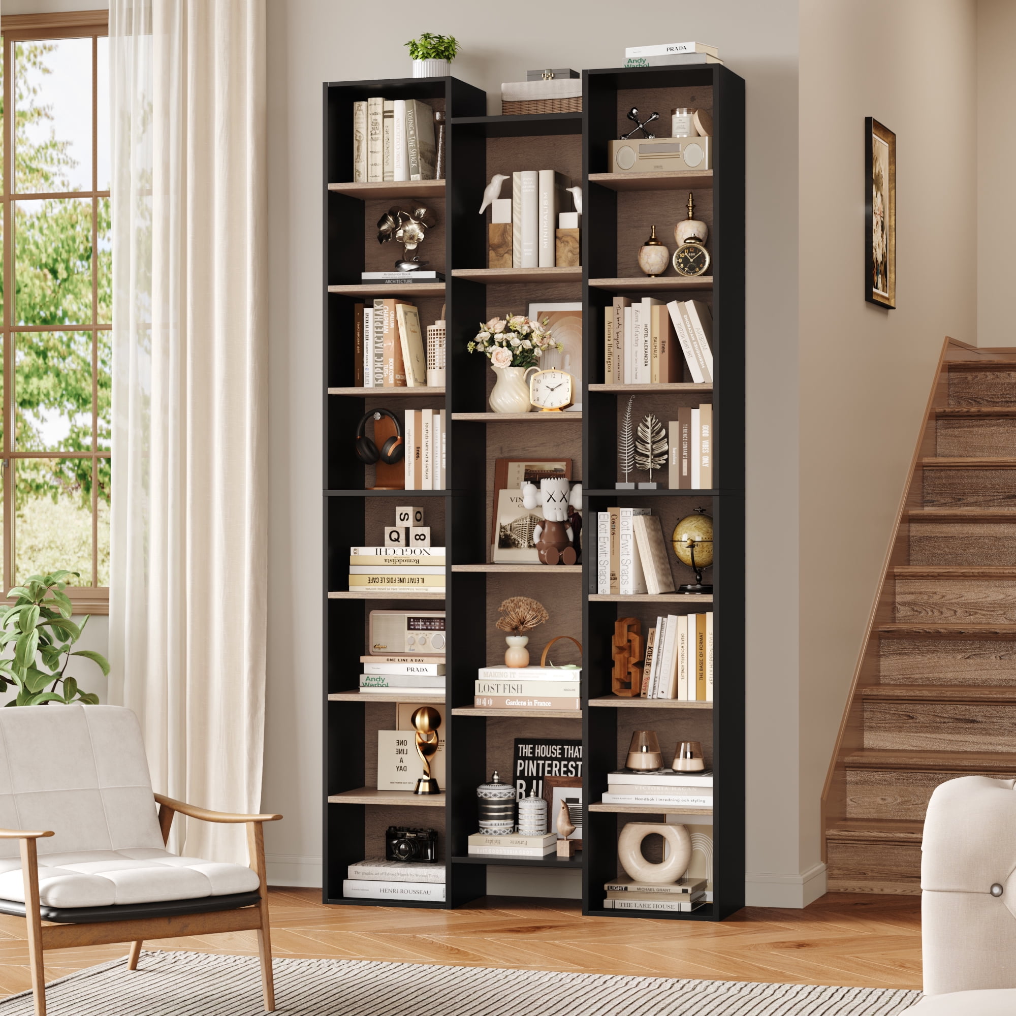 Homfa 2 Pieces Bookshelves, 71’’ Tall Three Row Bookshelf with Adjustable Shelves, 21-Cubes CD Display Storage Organizer Shelf for Living Room Home Office, Black+Brown