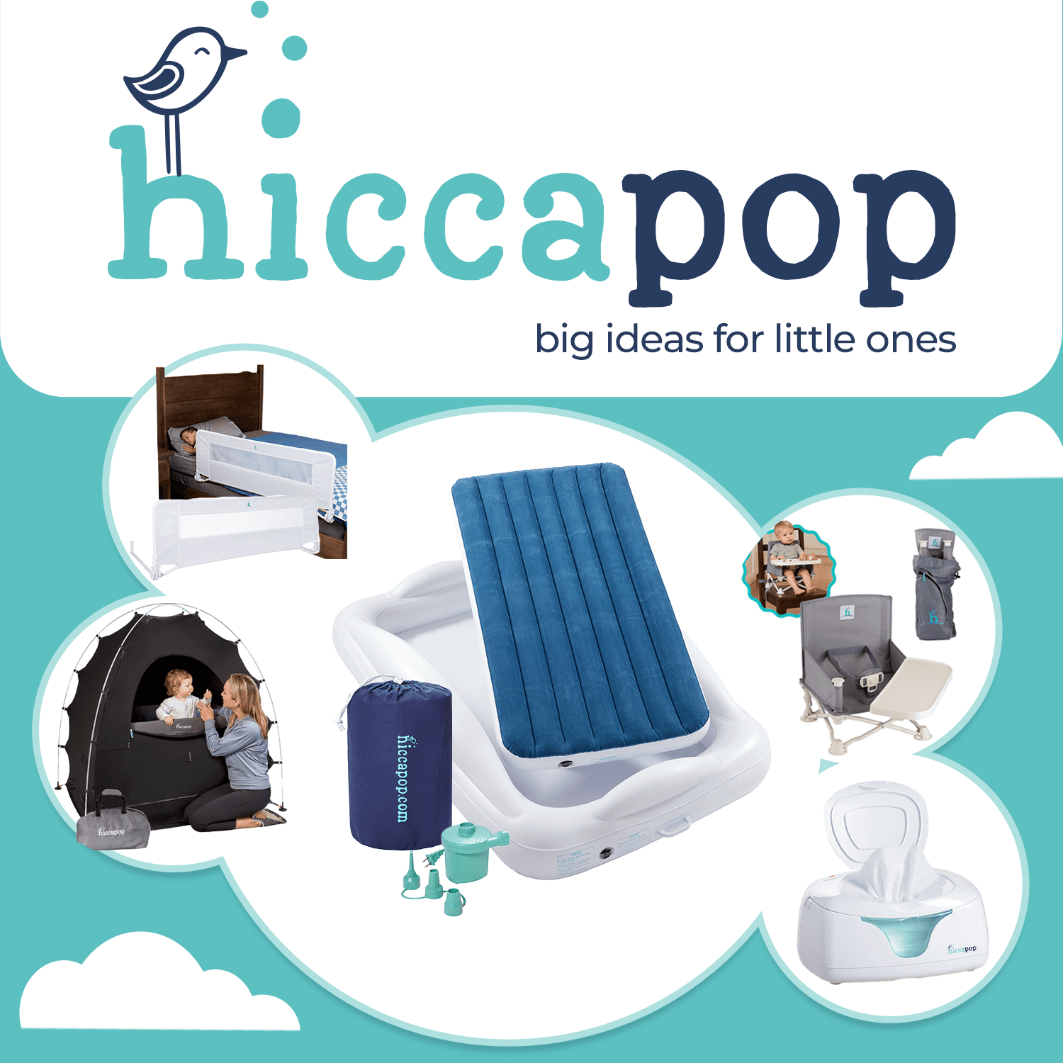 Hiccapop Inflatable Toddler Travel Bed with Safety Bumpers, 4-Sided Portable Toddler Bed for Kids, Toddler Air Mattress, Kids Air Mattress, Navy Blue