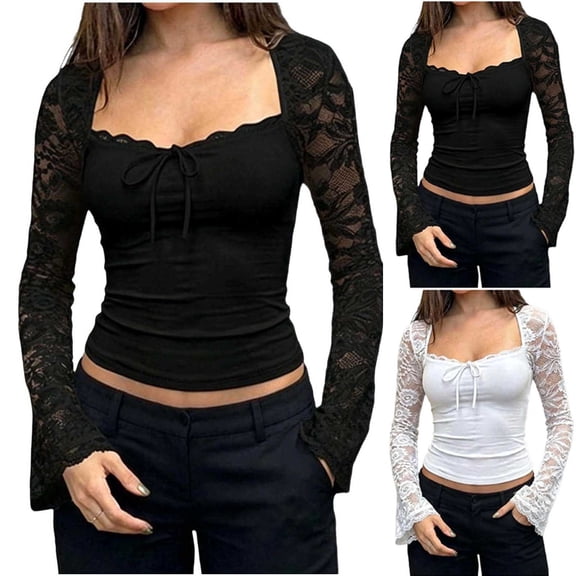 Thousandth Y2K Tops for Women Trendy Sexy Square Neck Lace Long Sleeve Tops Breathable Slim Fit Tunic Tops Chic Going Out Blouse for Party