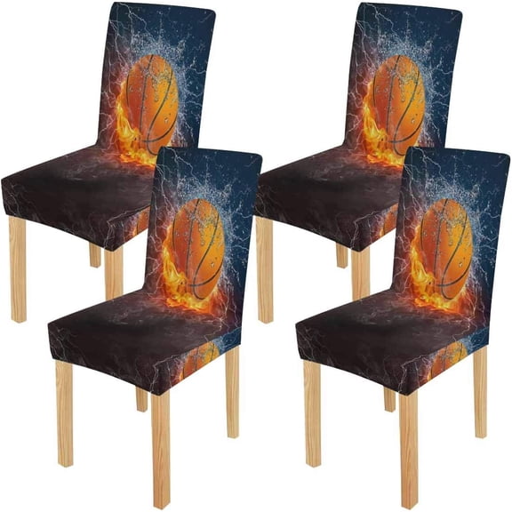 FMSHPON Basketball Ball on Fire and Water Stretch Chair Cover Protector Seat Slipcover for Dining Room Hotel Wedding Party Set of 4