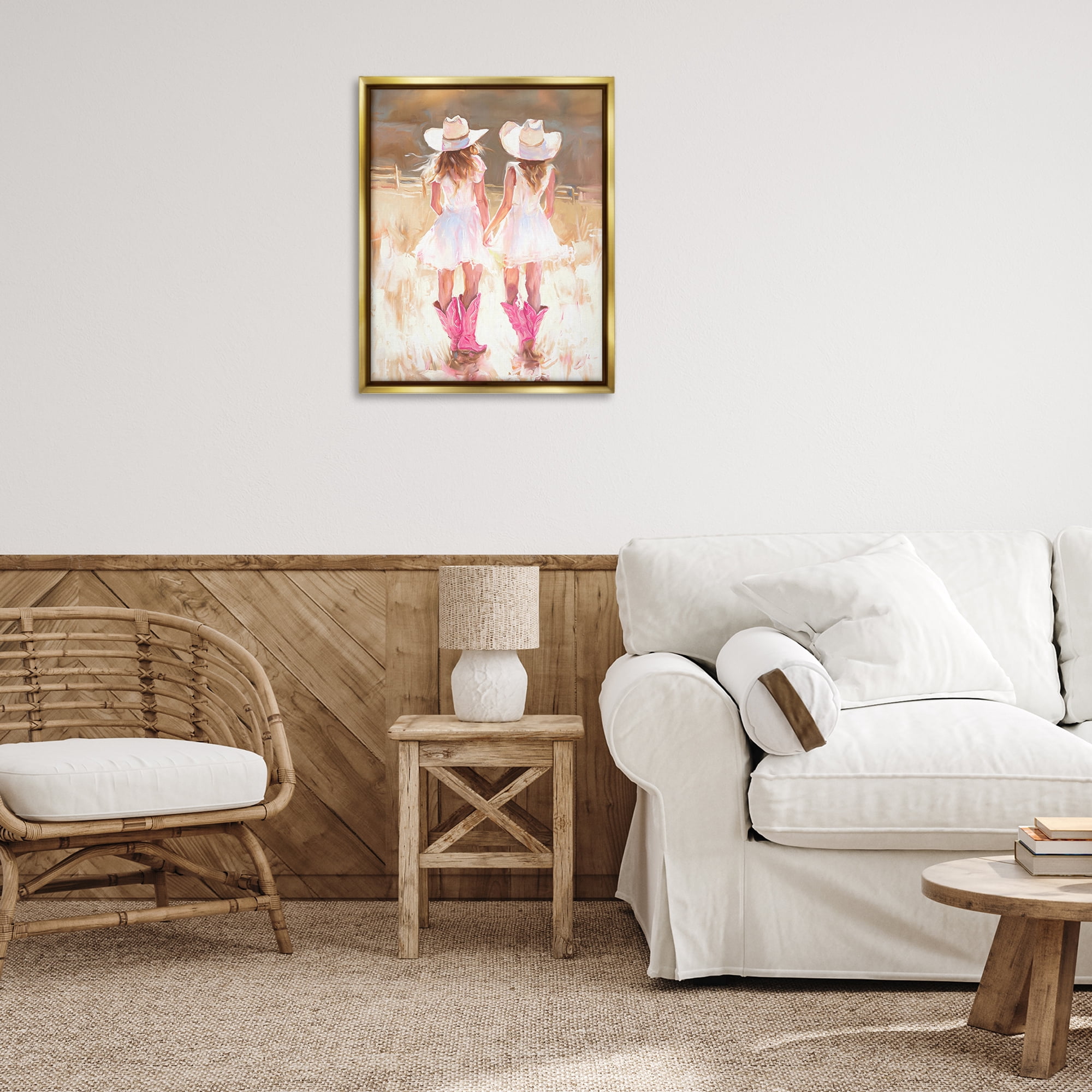 Stupell Industries Sunlit Cowgirl Sisters Novelty Painting Gold Floater Framed Canvas Art Print Wall Art, 25 x 31