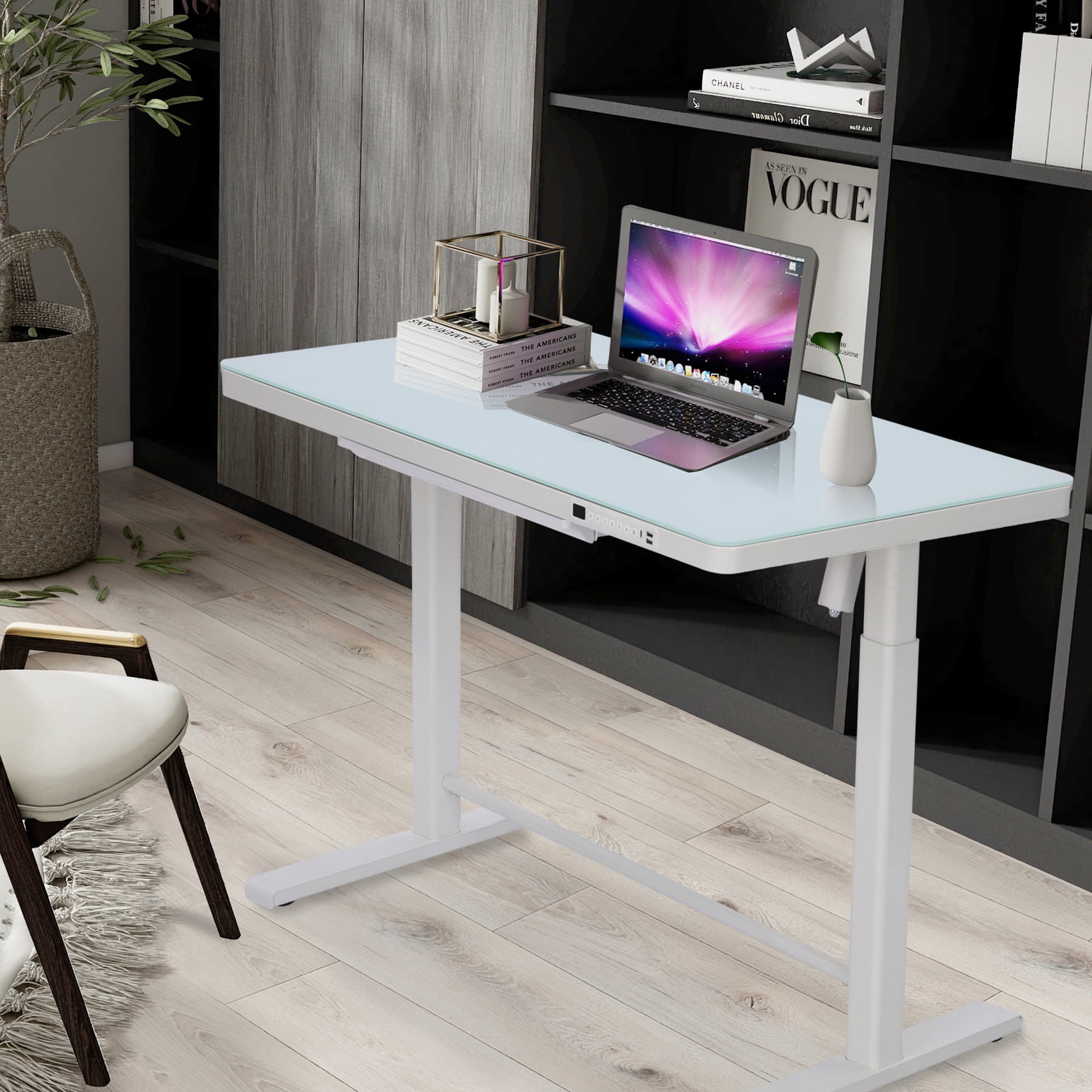Rise Up Glass Electric Standing Desk | 45" White Glass Top Adjustable Height Sit Stand Desk with USB-C Charging & Memory Controls
