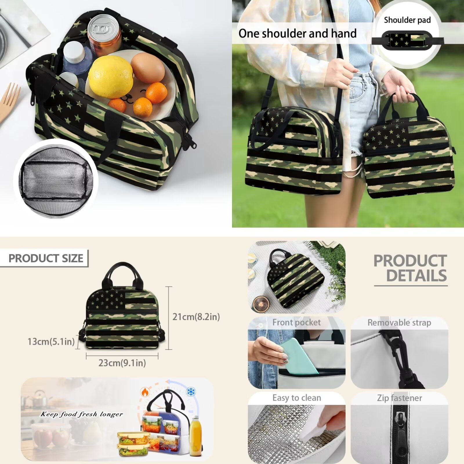Pzuqiu Camouflage American Flag Backpack for School Kawaii Back Pack with Lunch Box Pencil Case 2pcs Bookmark, 4pcs Large Capacity 17 Inch Student Bag Backpacks for Middle School