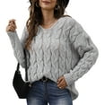 thumbnail image 2 of Women Striped Knitted Sweater with Hooded V-Neck Long Sleeve Casual Pullover Lady Loose Fit Warm Jumper Top Gray S, 2 of 9