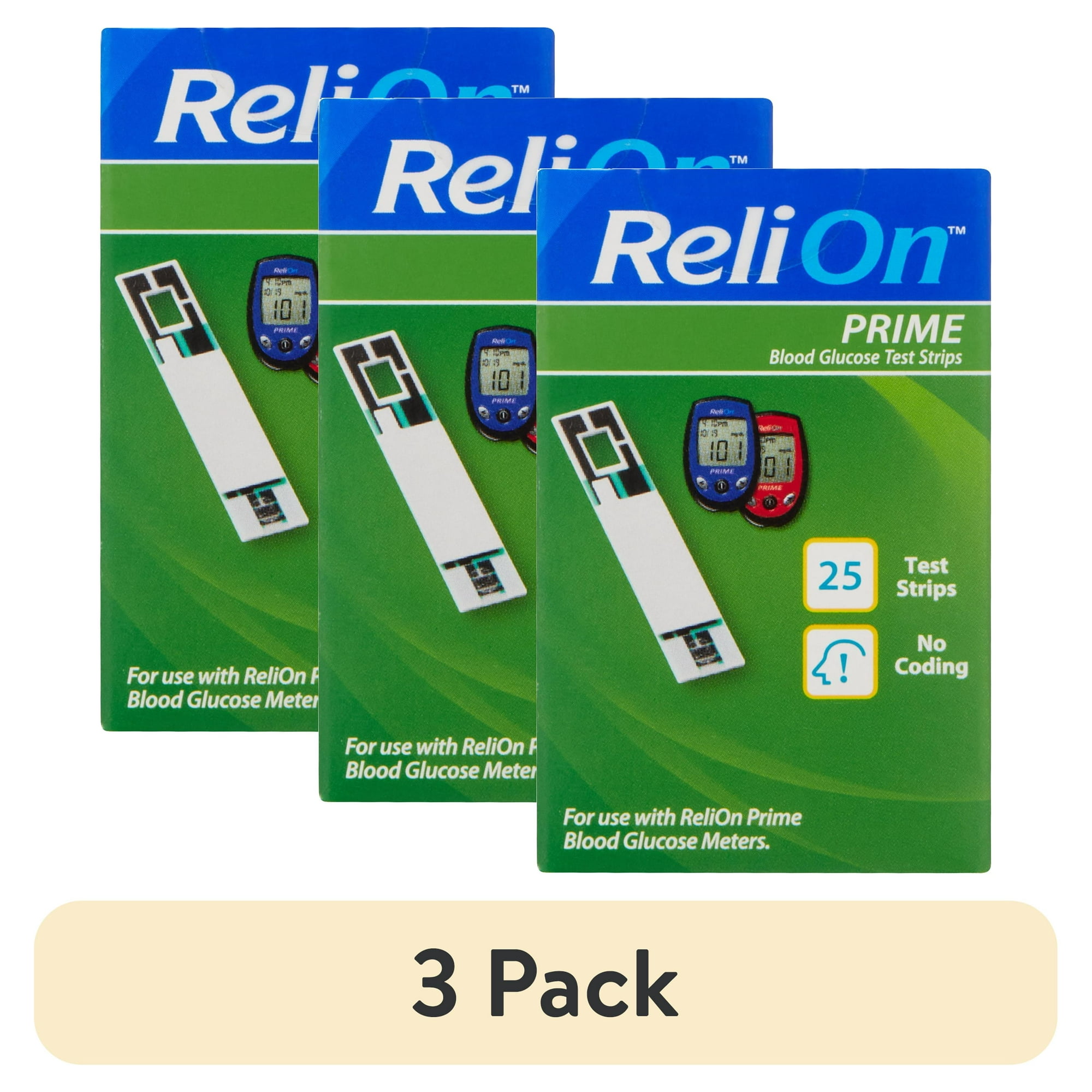 (3 pack) ReliOn Prime Blood Glucose Test Strips, 25 Count