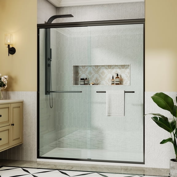 Sunrinx 56"-60" W x 72" H Semi-Frameless Double Sliding Shower Door with 1/4" Tempered Glass,Bypass Design for Walk-in Showers,Matte Black