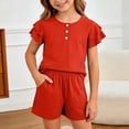 thumbnail image 2 of LIIPEE Girls Outfit Sets Casual Summer Solid Color Crew Neck Ruffle Short Sleeve Buttons T Shirt Pockets Shorts 2 Piece Set Kids Comfortable Breathable Soft Cute Daily Clothing,Red,5-6 Years, 2 of 4