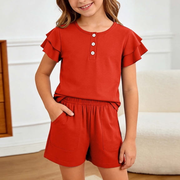 Girls Summer Outfits 2 Piece Sets Ruffle Short Sleeve Button Down Shirts and Shorts Set Kids Clothes with Pockets Red Size 11-12 Years