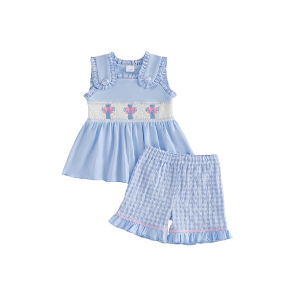 Cenuakty Little Girls 1T-6T Easter Outfits Adorable Cross Bunny Embroidery Sleeveless Square Neck Tank Tops and Plaid Shorts Set