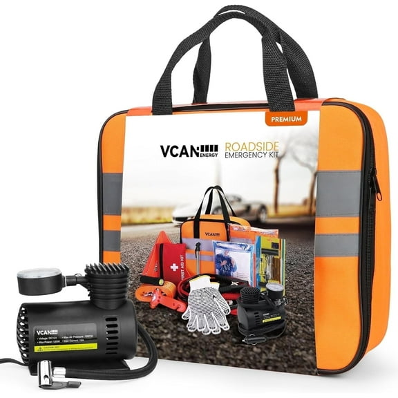 VCANENERGY Roadside Car Emergency Safety Kit with Portable Air Compressor, Jumper Cables, First Aid Kit