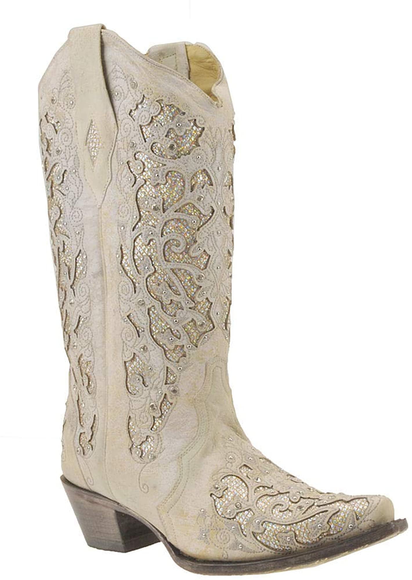 Corral Womens White Glitter Inlay Crystals White Cowgirl Boots ...