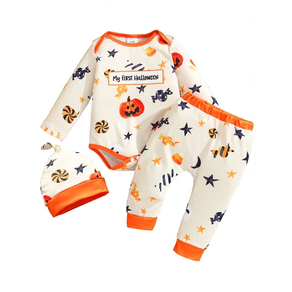 WIBACKER 1st Halloween Outfits for Newborn Baby Boys Long Sleeve Romper Pants Hat 3-Pieces Pumpkin Halloween Clothes Sets