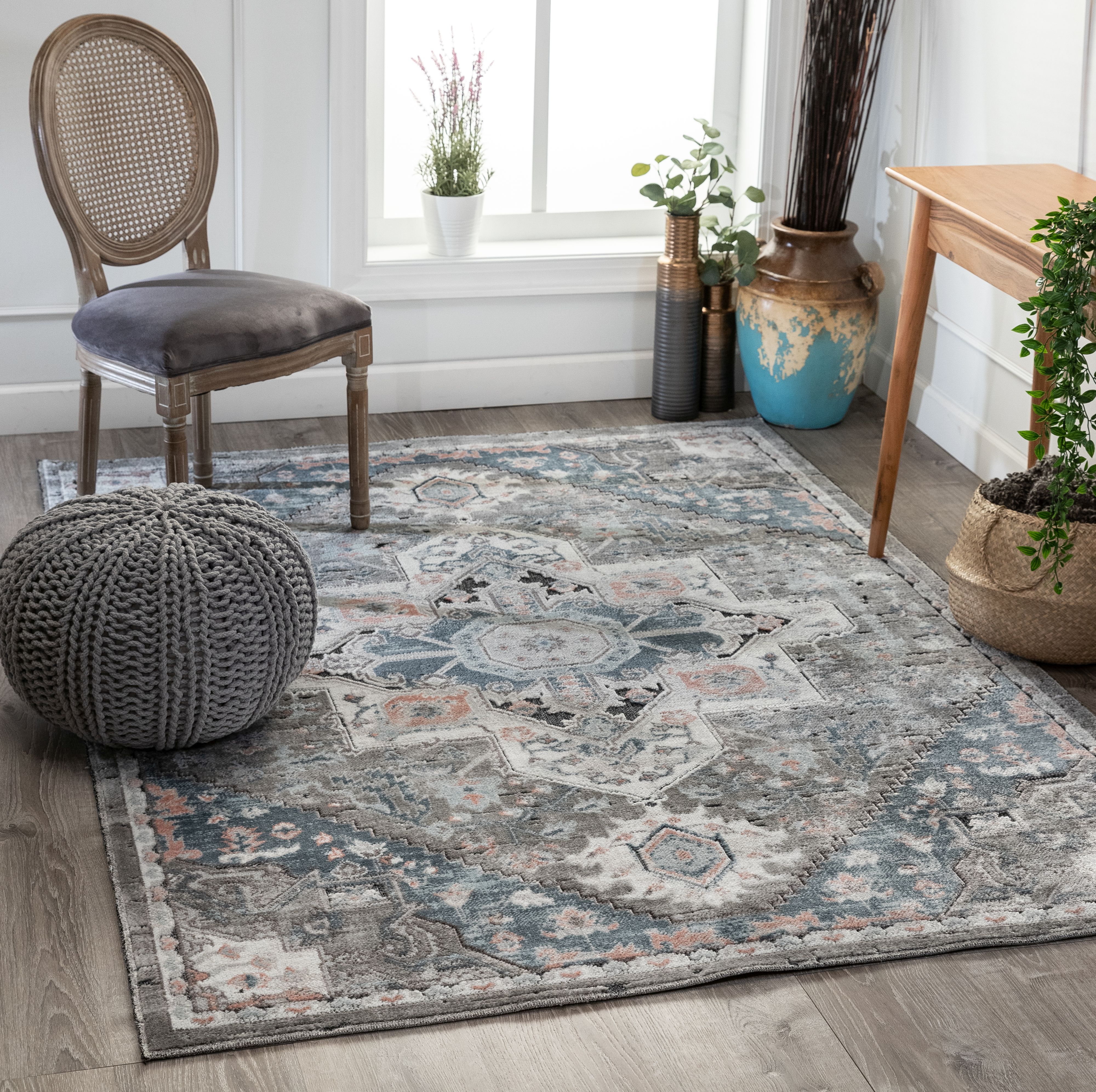 Well Woven Landon Grey HiLow Pile Vintage Oriental Medallion Area Rug