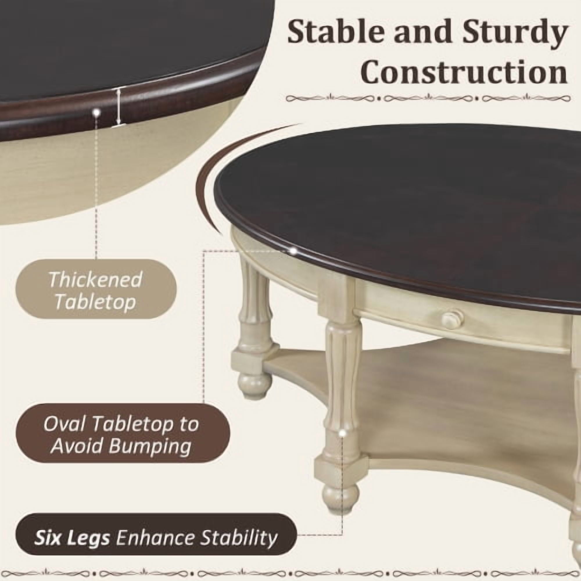 Vintage Oval Coffee Table with Drawer and Storage Shelf, Antique Cocktail Table in 45", French Country Accent Table for Living Room,Beige and Cherry