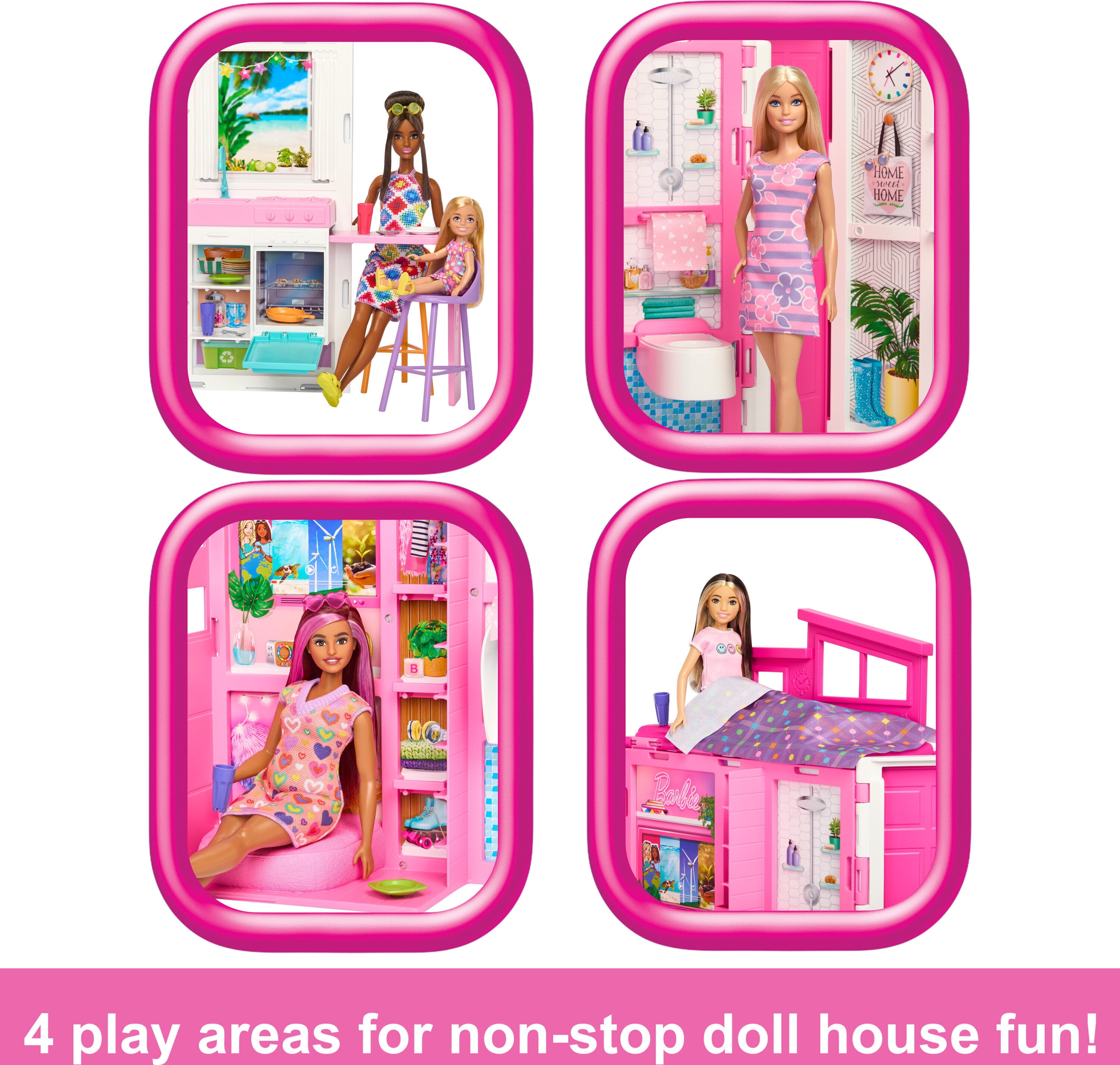 Barbie Getaway House, Doll House Playset with 4 Play Areas and 11 Decor Accessories