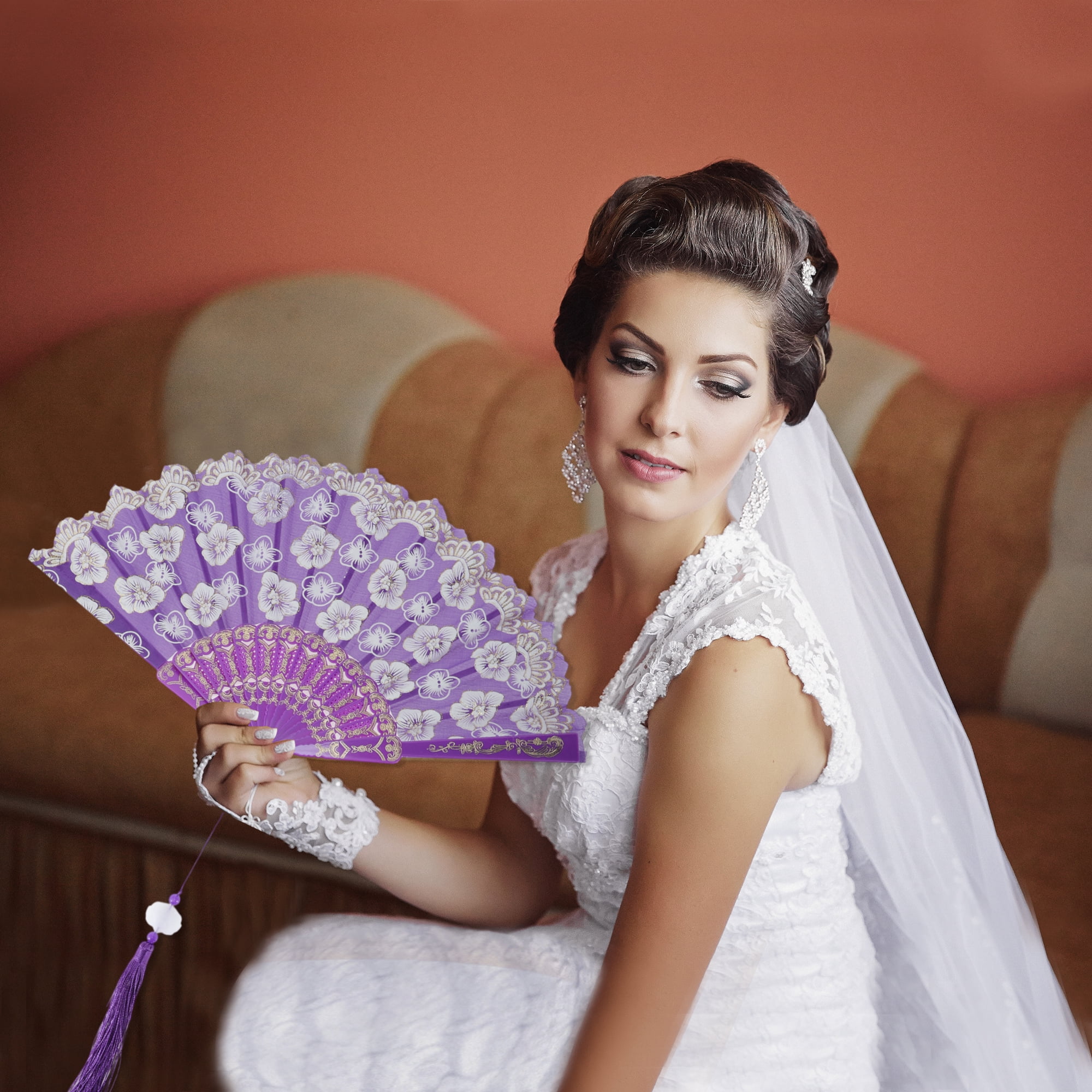 Unique Bargains Elegant Cherry Blossom With Tassel Folding Fan 1 Pc Purple