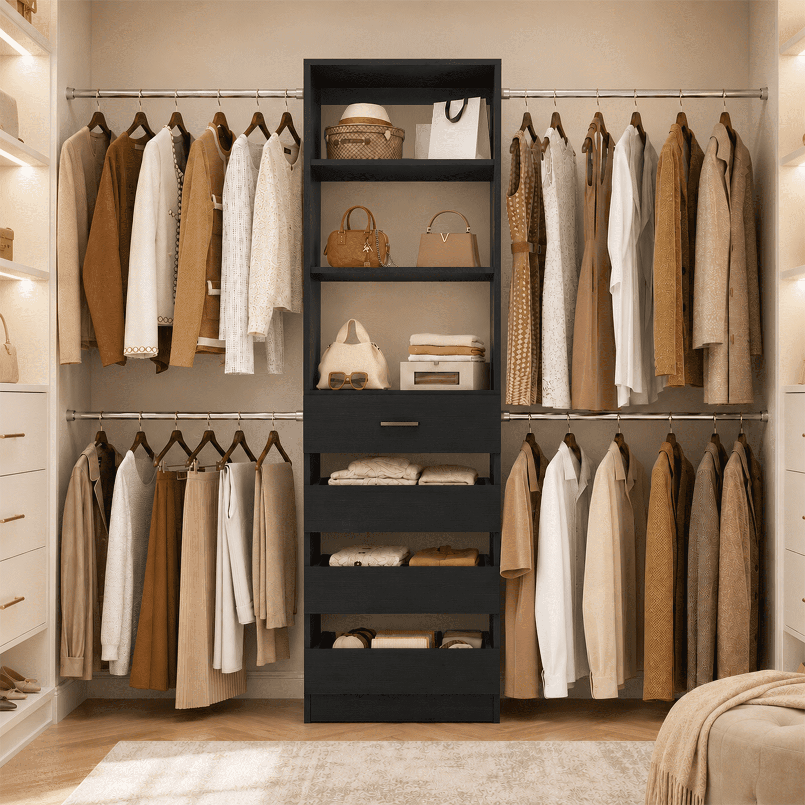 Homieasy 4-9 Ft Adjustable Wooden Closet Organizer System with 4 Drawers, 4 Hanging Rods & Shelving Towers - Heavy Duty Walk-in Wardrobe Rack, Space-Saving Design, Easy Assembly,Black