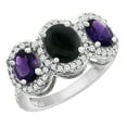 thumbnail image 1 of 10K White Gold Natural Black Onyx & Amethyst 3-Stone Ring Oval Diamond Accent, size 9, 1 of 2
