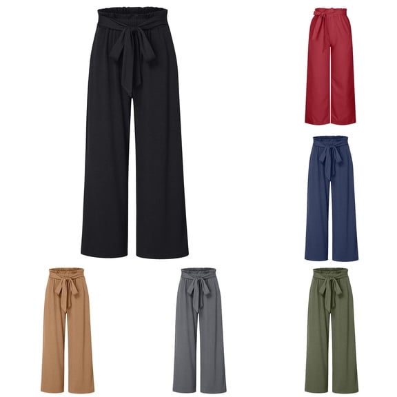 RUTAYY Women's Pants Wide Leg Solid Color Ruffle Paperbag Waist Self Tie Bow Belt Loose Vacation Trousers Black