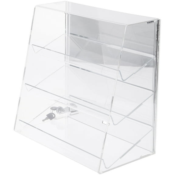 Plymor Clear Acrylic Locking Display Case with Slanted Front and Sliding Back, 3 Angled Shelves (Mirrored), 13.75" H x 14" W x 7.75" D