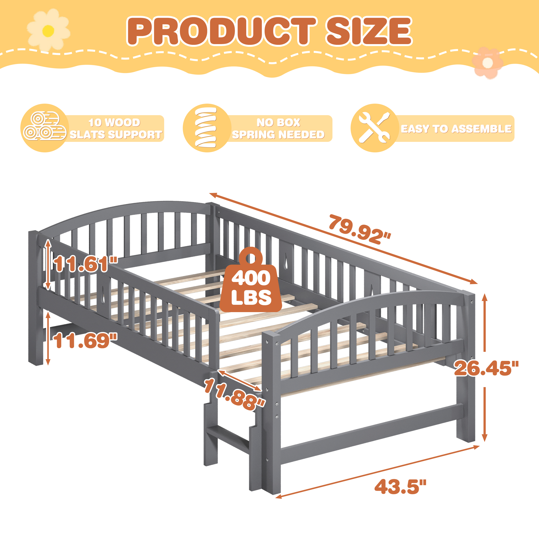 PAPROOS Wood Twin Platform Bed Frame, Twin Size Bed Frame with Fence Guardrail Ladder, No Box Spring Needed, Grey