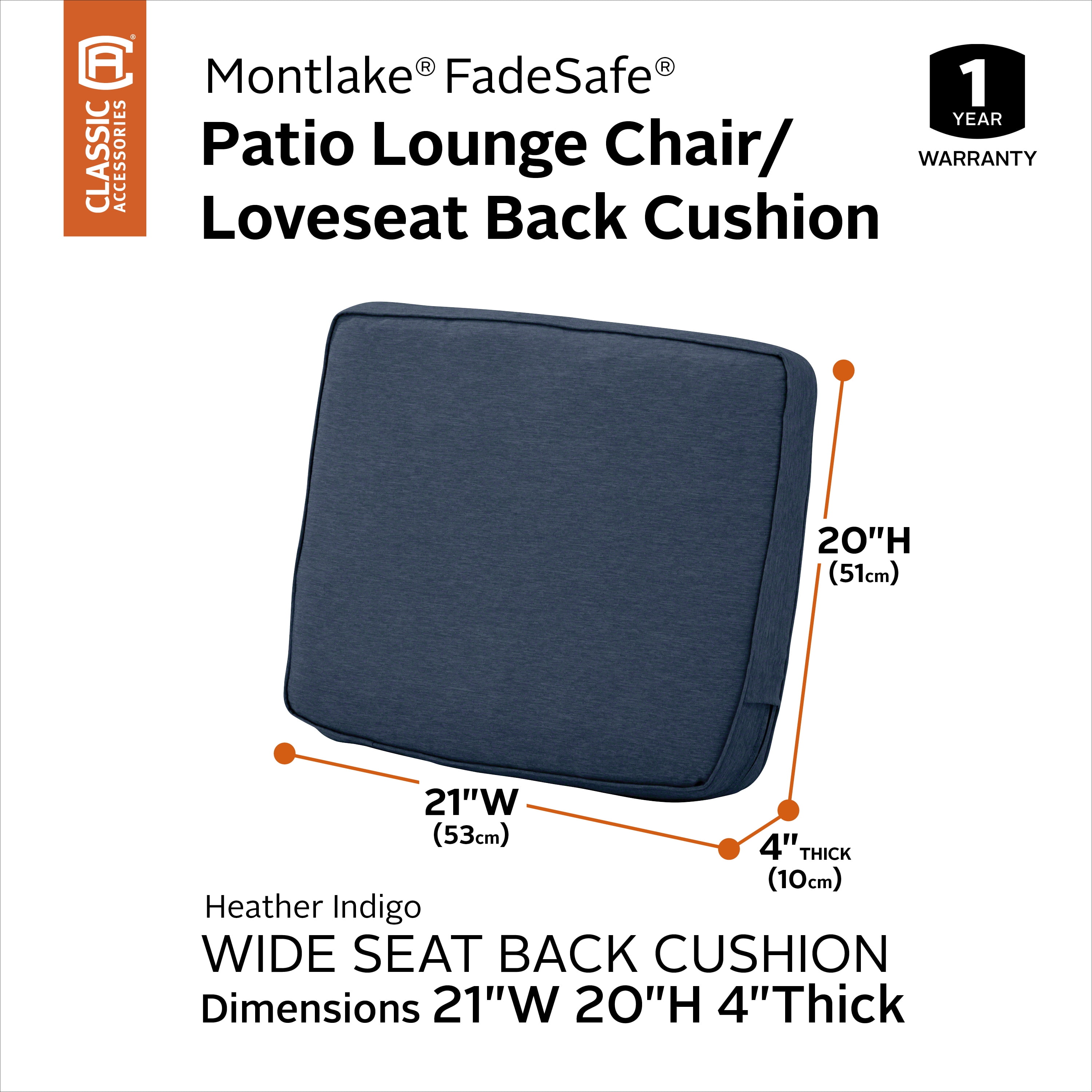 Classic Accessories Montlake FadeSafe Patio Lounge Back Cushion - 4" Thick - Heavy Duty Outdoor Patio Cushion with Water Resistant Backing, Heather Indigo Blue, 21"W x 20”H x 4”T (62-024-INDIGO-EC)