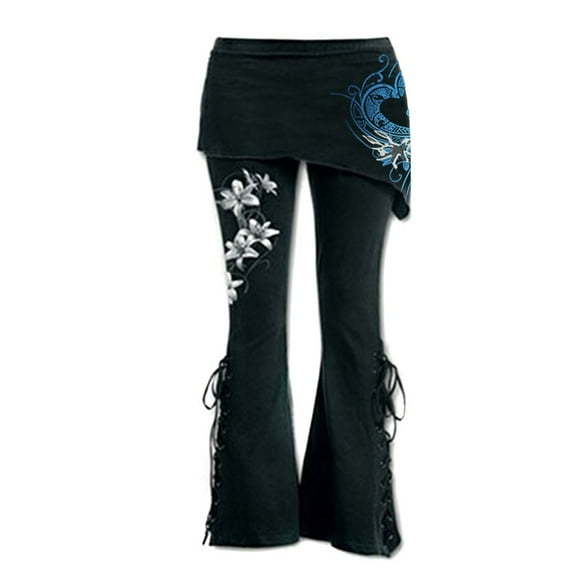 Tejiojio Fall Women Black Embroidered Casual Bandage Flares Punk Lace Up Bell Bottom Leggings