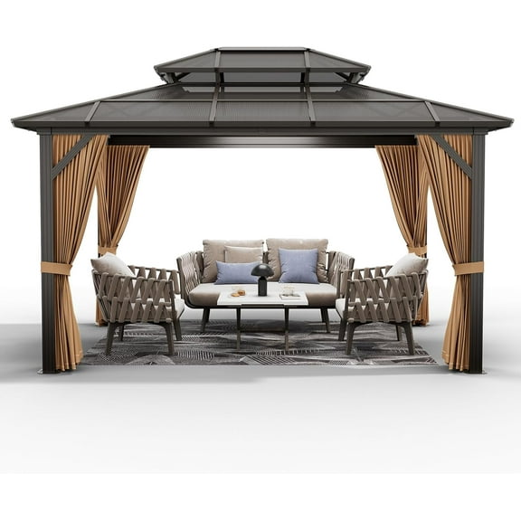 2025 New 10'x13' Hardtop Gazebo, Outdoor Polycarbonate Double Roof Canopy, Aluminum Frame Permanent Pavilion with Curtains and Netting, Sunshade for Garden, Patio, Lawns