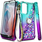 Nagebee For Motorola Moto G Stylus 5G 2024 Phone Case with Tempered Glass Screen Protector, Ring Holder/Wrist Strap, Glitter Liquid Floating Waterfall Cute Phone Cover (Aqua/Purple)