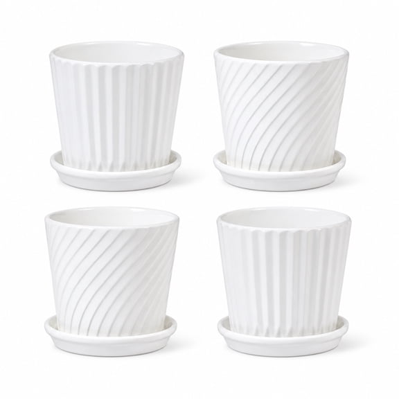5.5-Inch White Ceramic Plant Pots with Attached Saucers, 4 Pack
