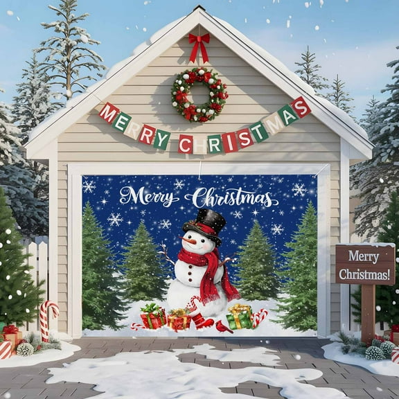 Fsddascl 7 x 8 Ft Christmas Garage Door Cover, Blue Snowman Christmas Large Garage Door Banner, Xmas Tree Snowflake Gifts Hanging Garage Mural Background for Indoor Outdoor Xmas Party Supplies