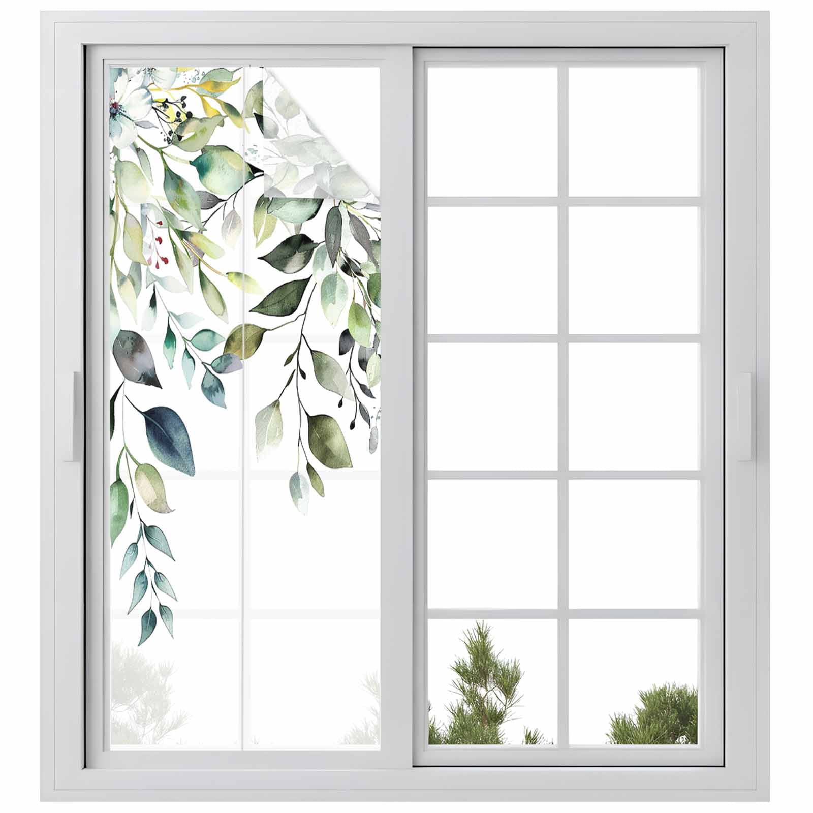 Eucalyptus Leaves Window Privacy Film, Watercolor Weeping Teal Botanical Static Cling UV Sun Blocking Tint Film Heat Control Windows Films for Bedroom Bathroom, Window Stickers 23.6"x59"