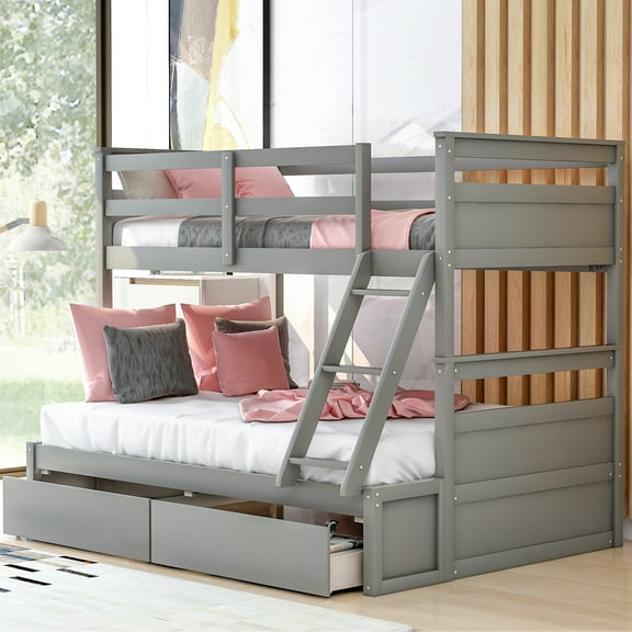 Cfowner Twin-Over-Full Bunk Bed, Solid Wooden Bed Frame with Ladders & Safety Guardrail & Two Storage Drawers