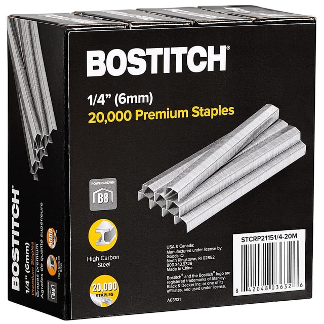 Staples Bostitch B8 PowerCrown de 1/4 pulgadas, paquete de 20 000