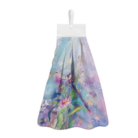 

ZIATUBLE Dragonfly Floral Hanging Hand Towels Oil Painting Hand Towels for Kitchen Easy to Install Bathroom Hand Towels Quick Dry Dish Towels for Kitchen Decorative Hand Tie Towel