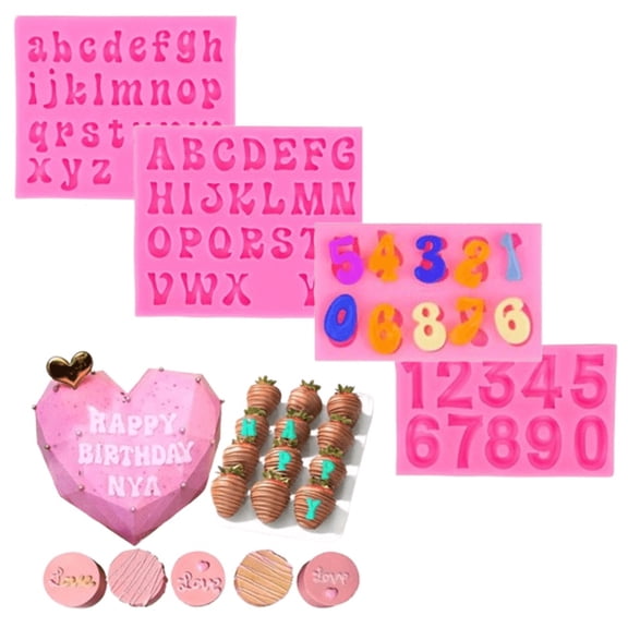 Cake Decorating Letter Molds 4pcs - Silicone Alphabet Number Molds for Chocolate Strawberries, Candy Making & Ice Cube Trays