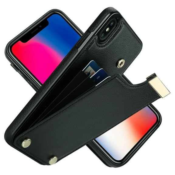 ELEHOLD Leather Wallet Case for iPhone XS/X,Premium Leather Material with Organ Card Slots Holders Full Body Protection Shockproof Anti-Fingerprint Purse Case,Black