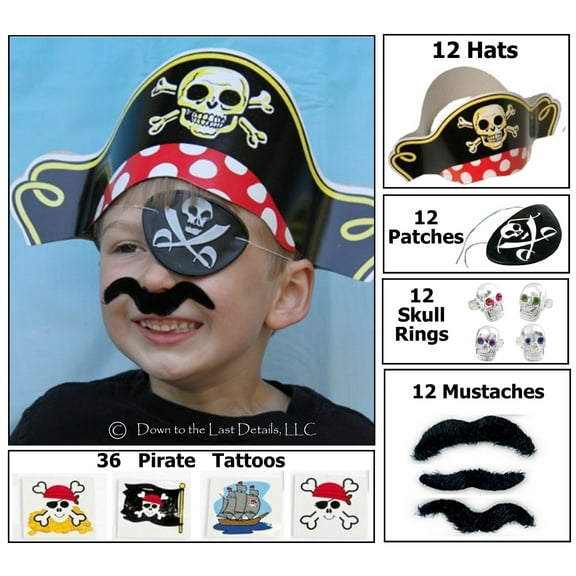 12 Pirate Dress up Party Favor Pack (12 Hats, Pirate Patches, 36 Tattoos & More) Birthday Decorations Supplies