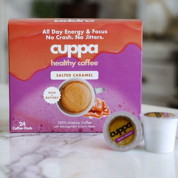 Cuppa Salted Caramel Healthy Mushroom Coffee Single Serve Pods (K-Cups) with Lion's Mane & Ashwagandha for All Day Energy & Focus - No Crash or Jitters 24ct Pods