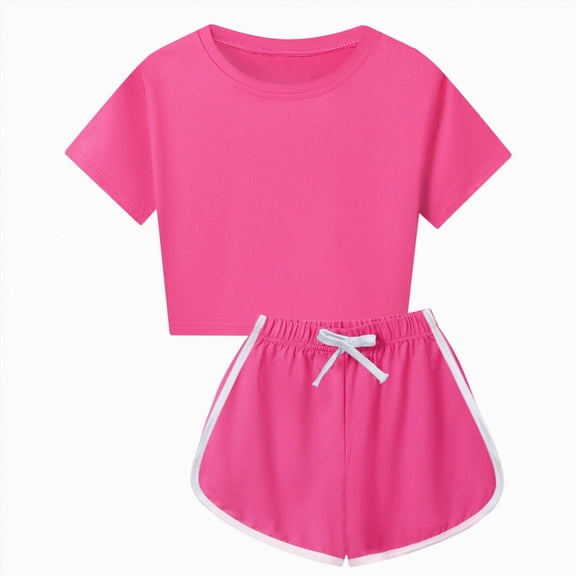 Sgkm Gymnastics Outfits for Girls Soft Two Piece Summer Outfit Set Round Neck T Shirt Top and Casual Shorts for Children Boys Girls Red 7-8 Years
