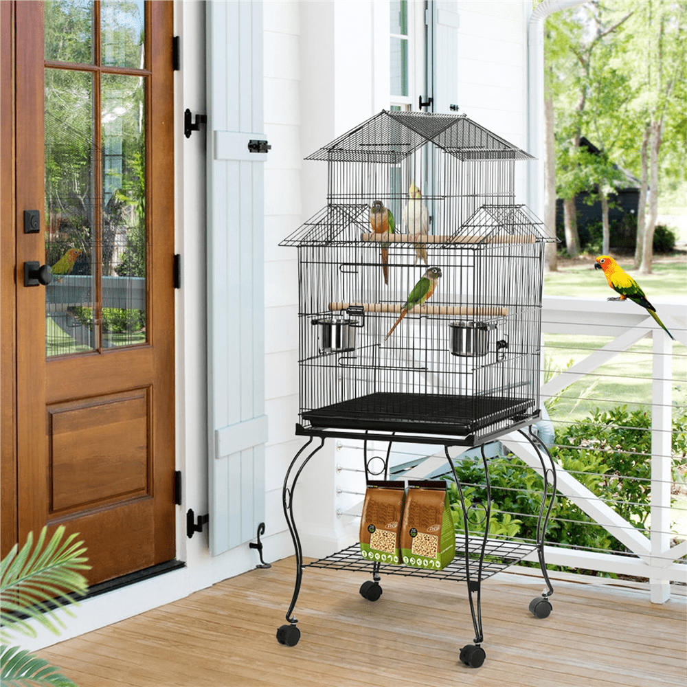 Renwick 55'' Metal Rolling Bird Cage With Stand, Black